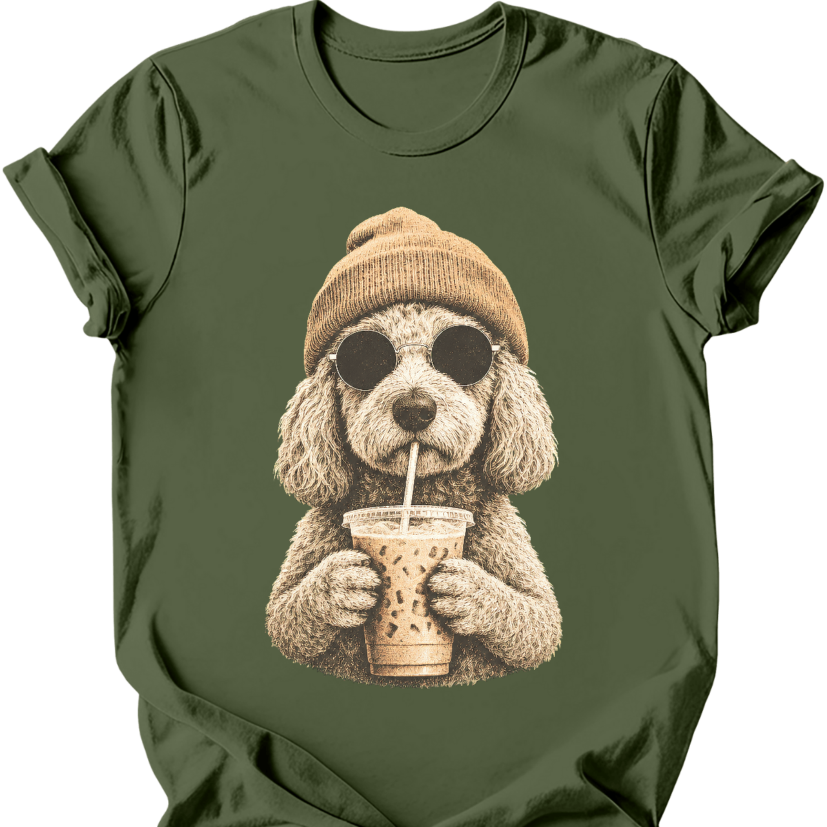 goldendoodle hipster dog tee military green