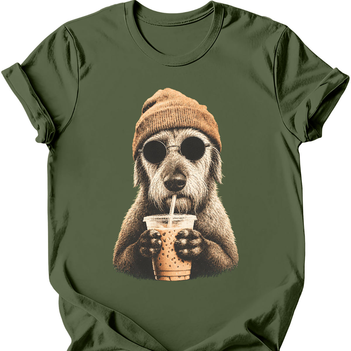 irish wolfhound hipster dog tee military green