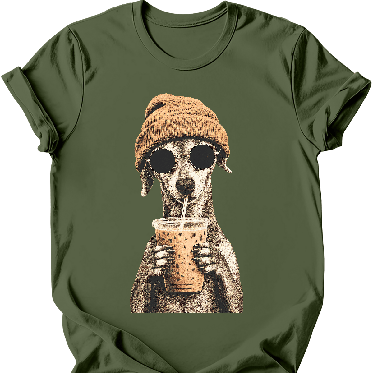 Italian greyhound hipster dog tee military green