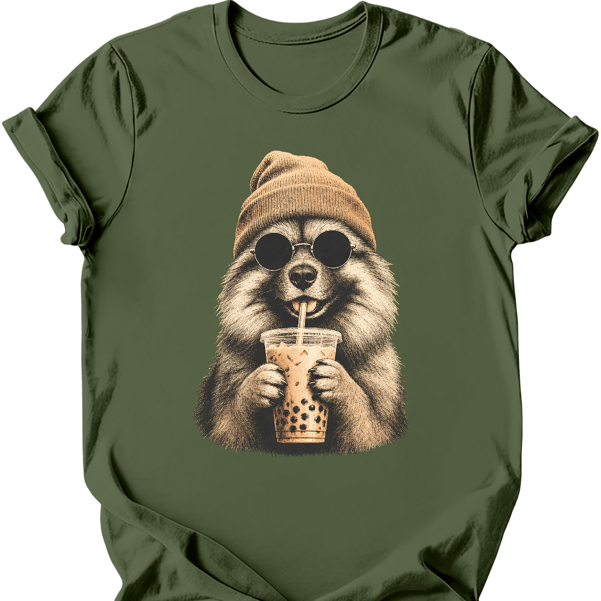keeshond hipster dog tee military green