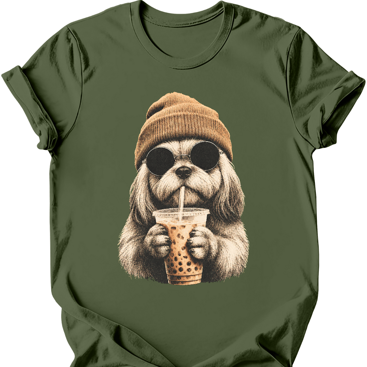 lhasa apso hipster dog tee military green