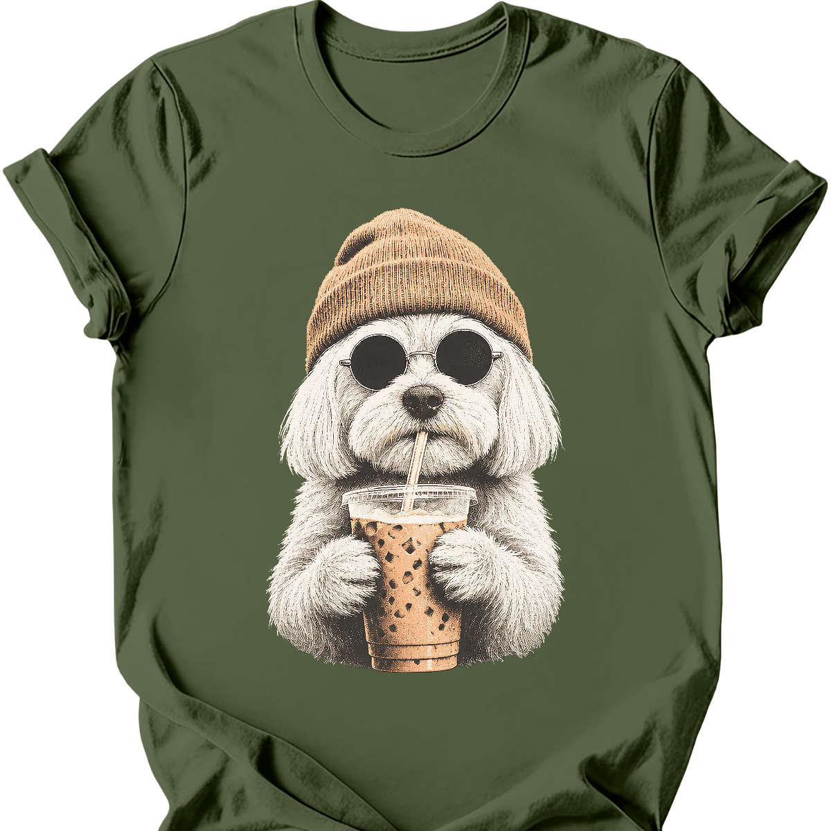 maltese hipster dog tee military green