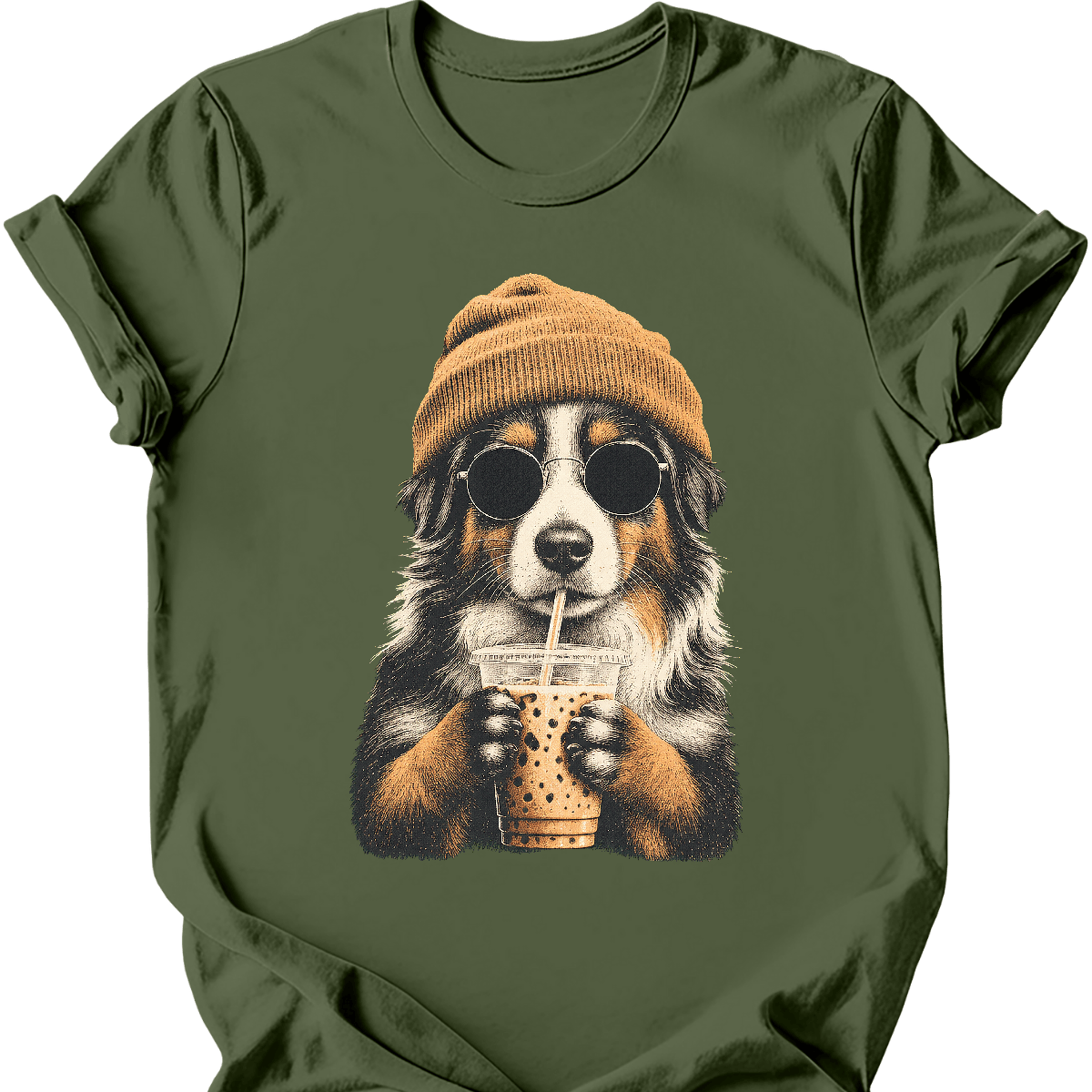miniature american shepherd hipster dog tee military green
