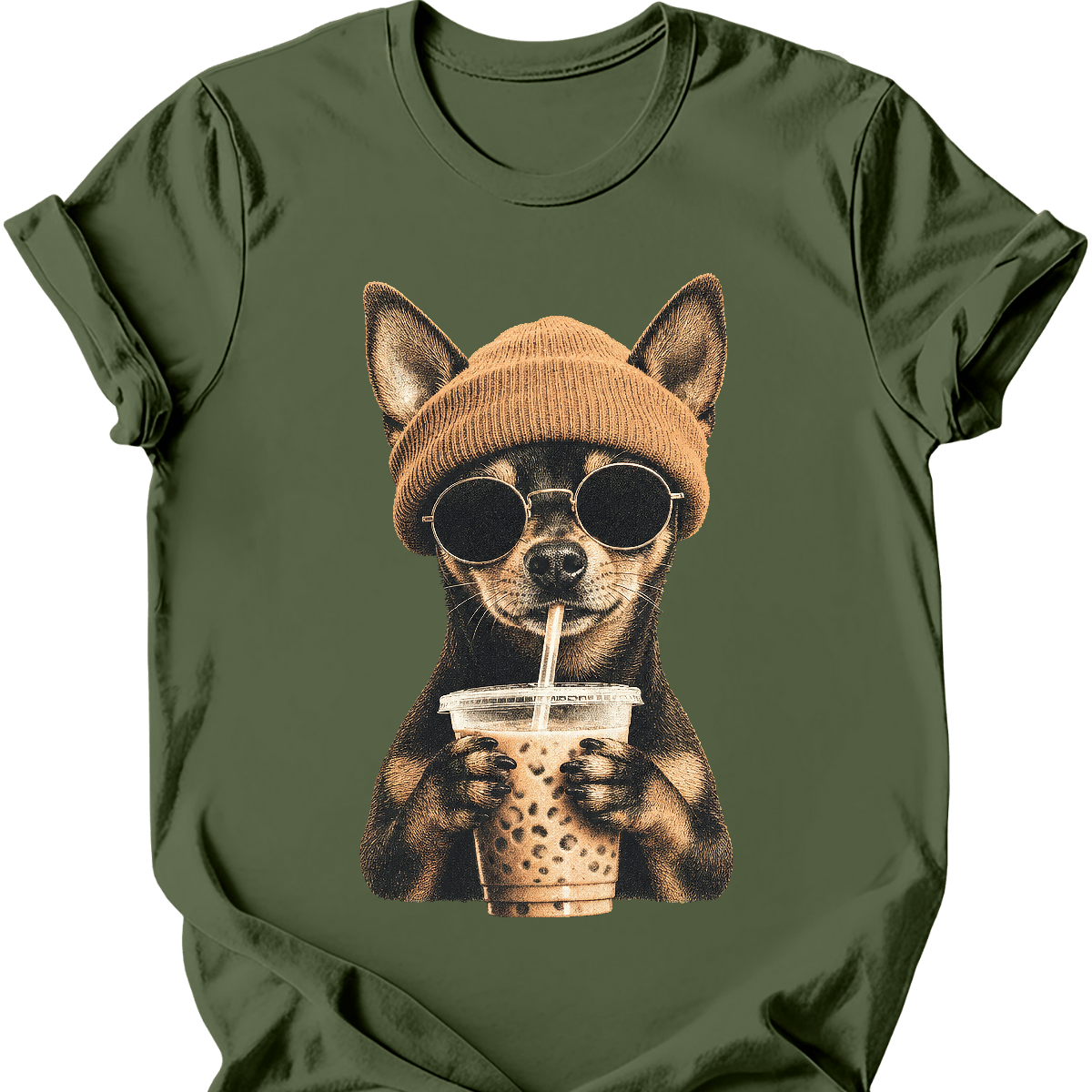 miniature pinscher hipster dog tee military green