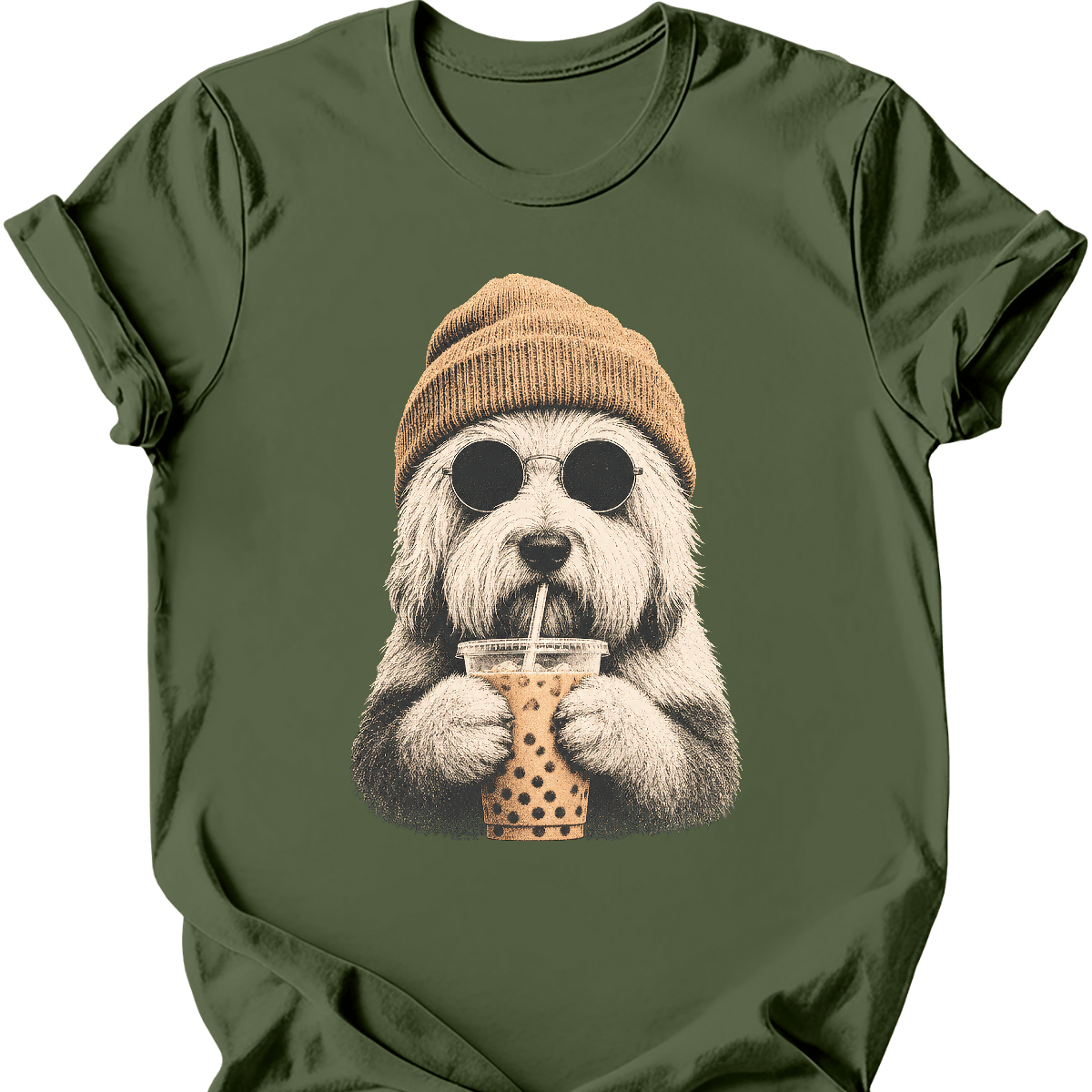 old english sheepdog hipster dog tee military green