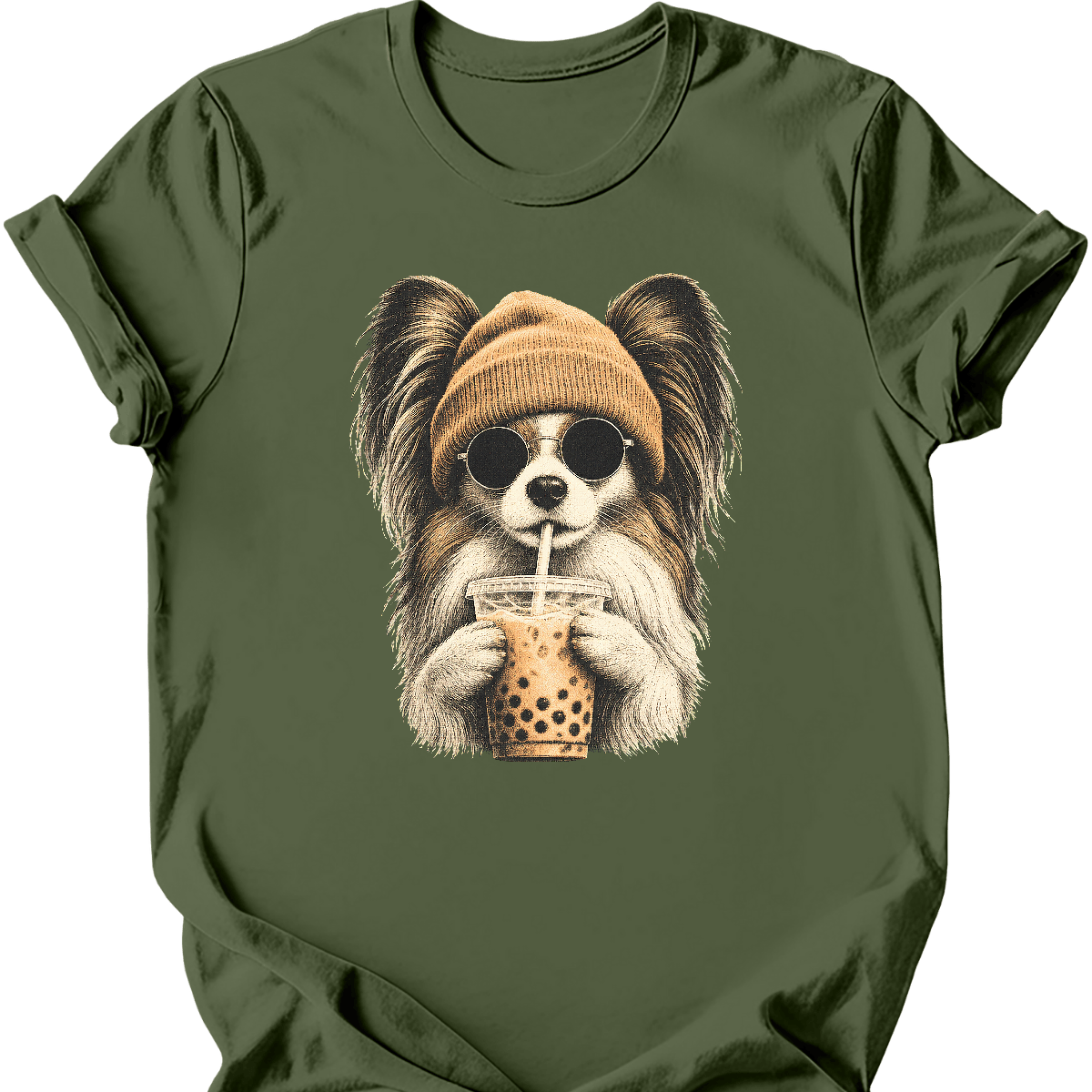 papillon hipster dog tee military green