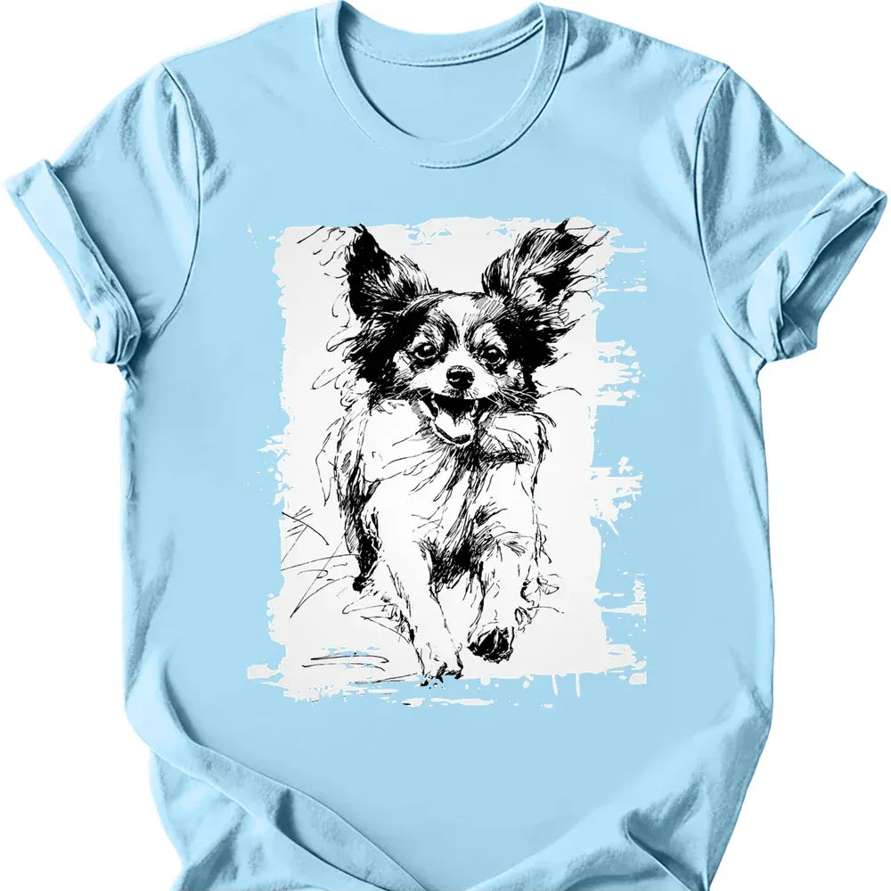 Papillon running dog tee light blue