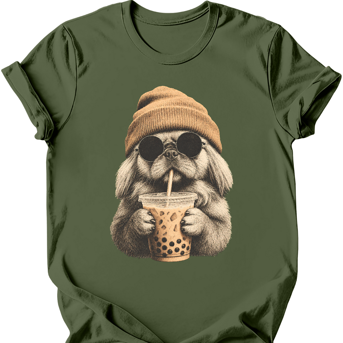 pekingese hipster dog tee military green