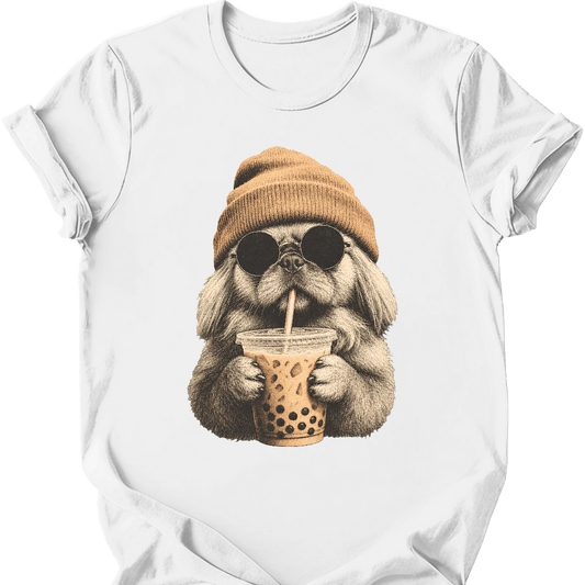 pekingese hipster dog tee white