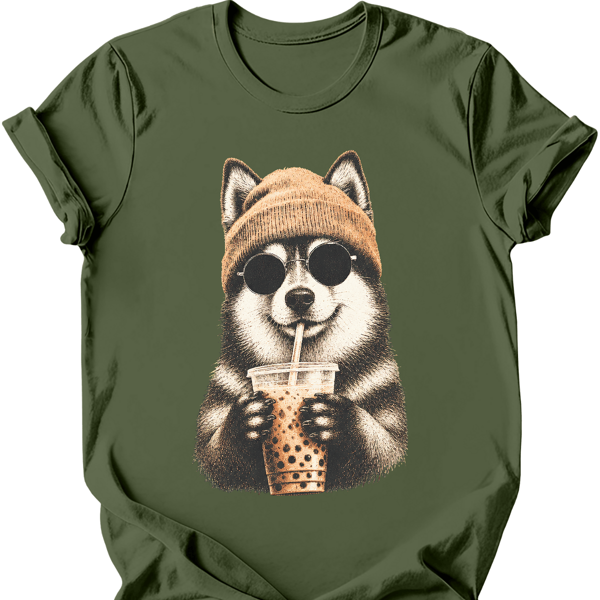 pomsky hipster dog tee military green