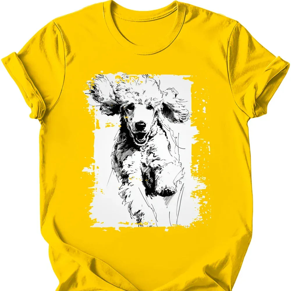 Poodle running dog tee daisy