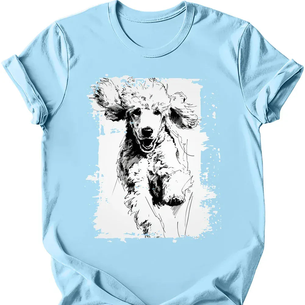 Poodle running dog tee light blue