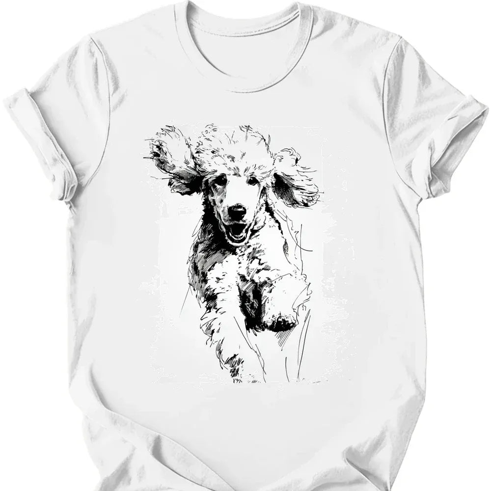 Poodle running dog tee white