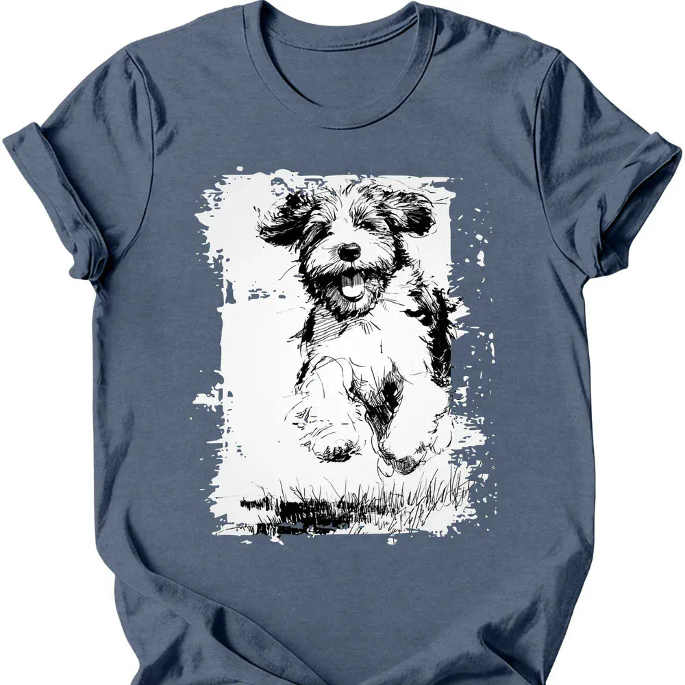 Portuguese Water Dog running dog tee heather indigo