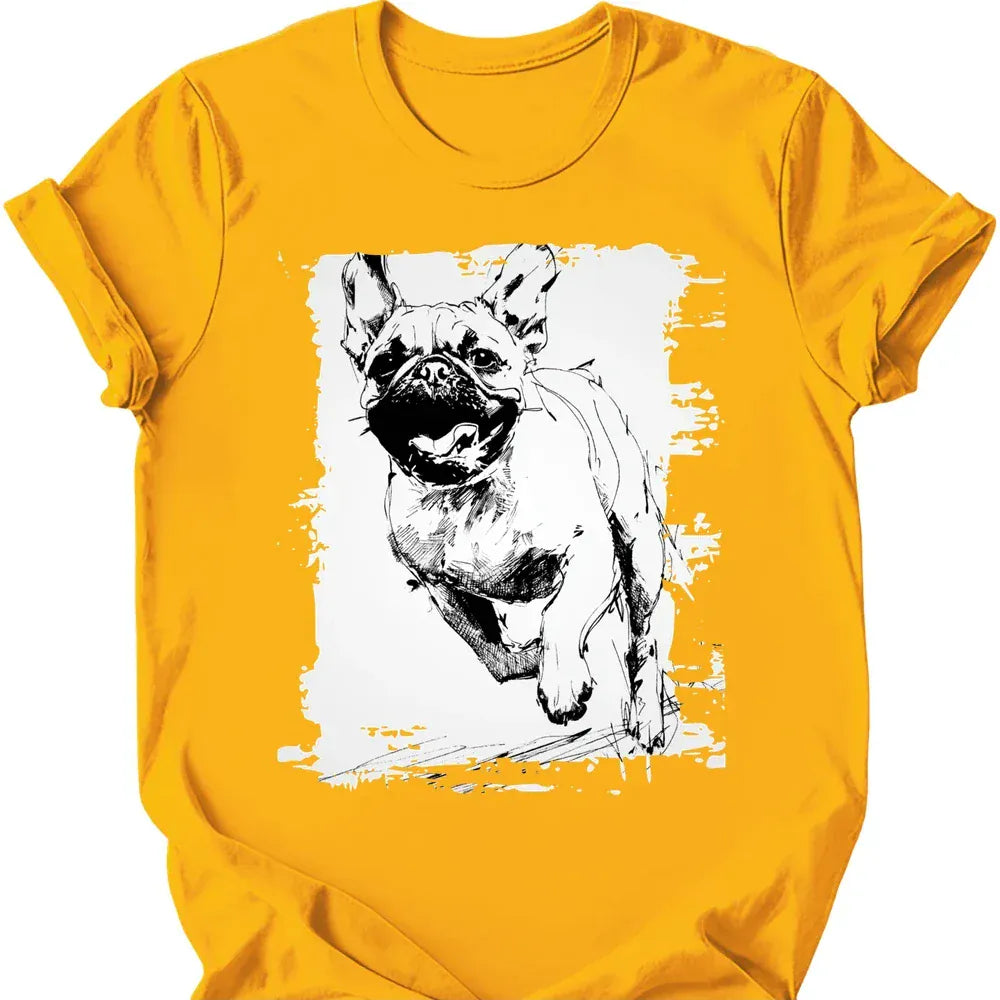 Pug running dog tee gold