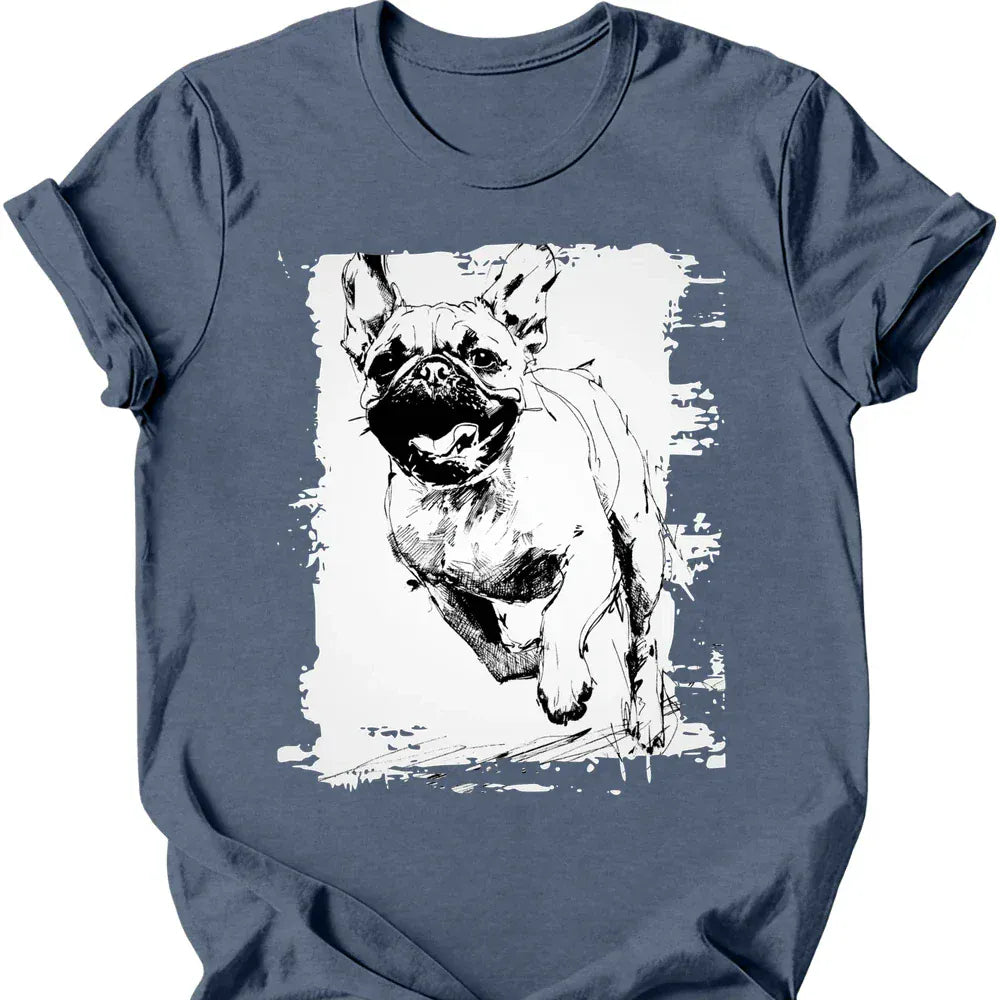 Pug running dog tee heather indigo