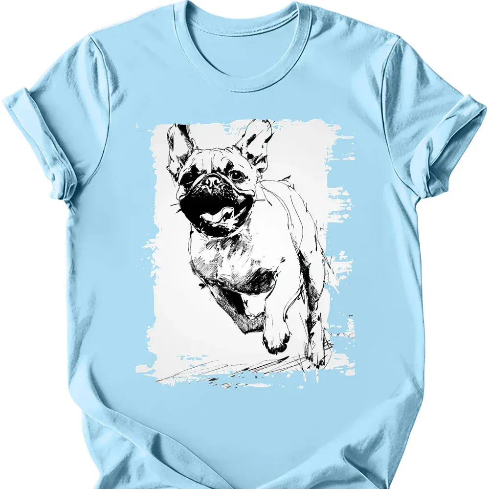 Pug running dog tee light blue