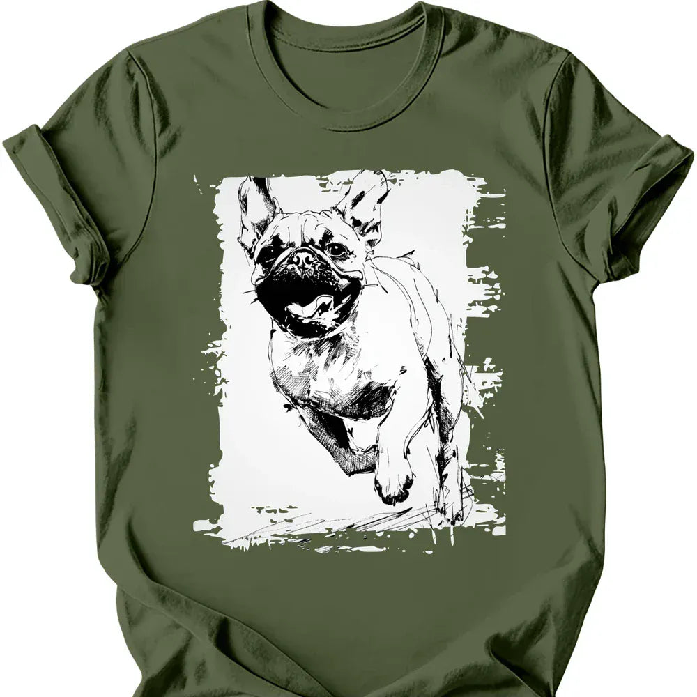 Pug running dog tee military green