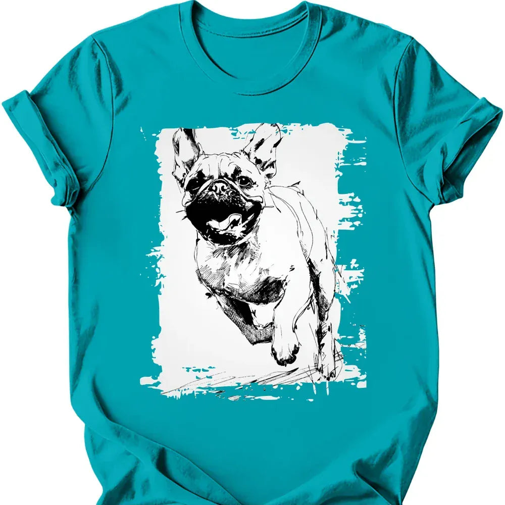 Pug running dog tee tropical blue