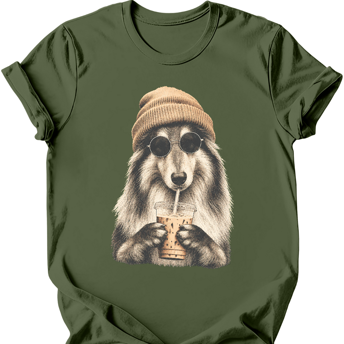 rough collie hipster dog tee military green