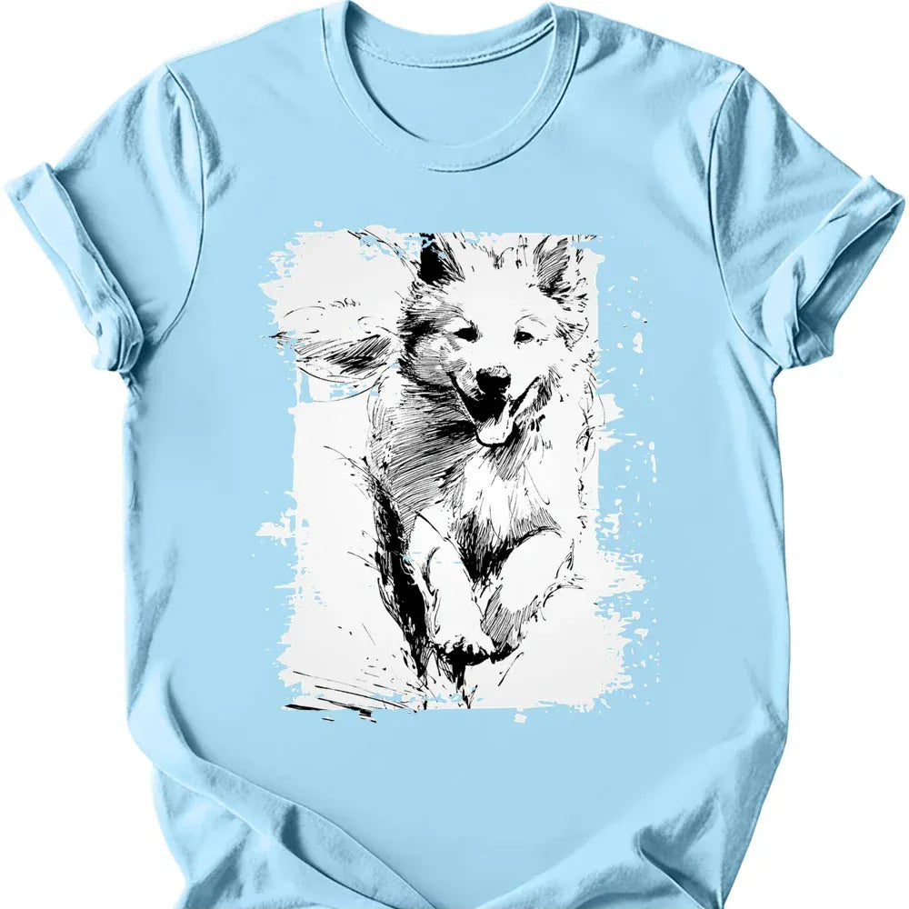 Samoyed running dog tee light blue