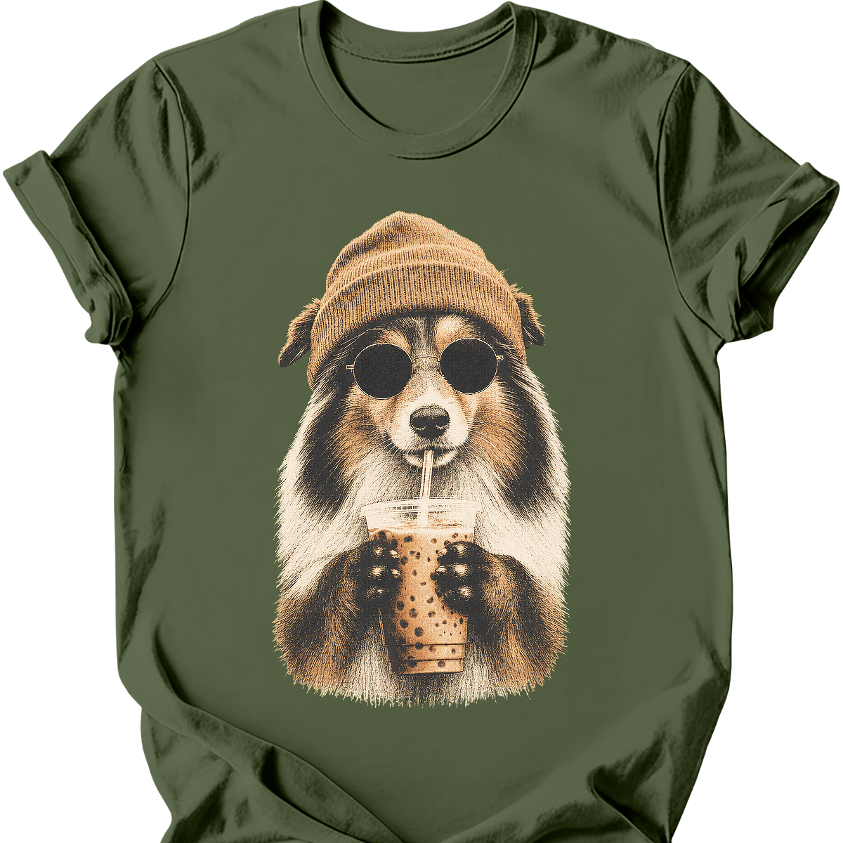 shetland sheepdog hipster dog tee military green