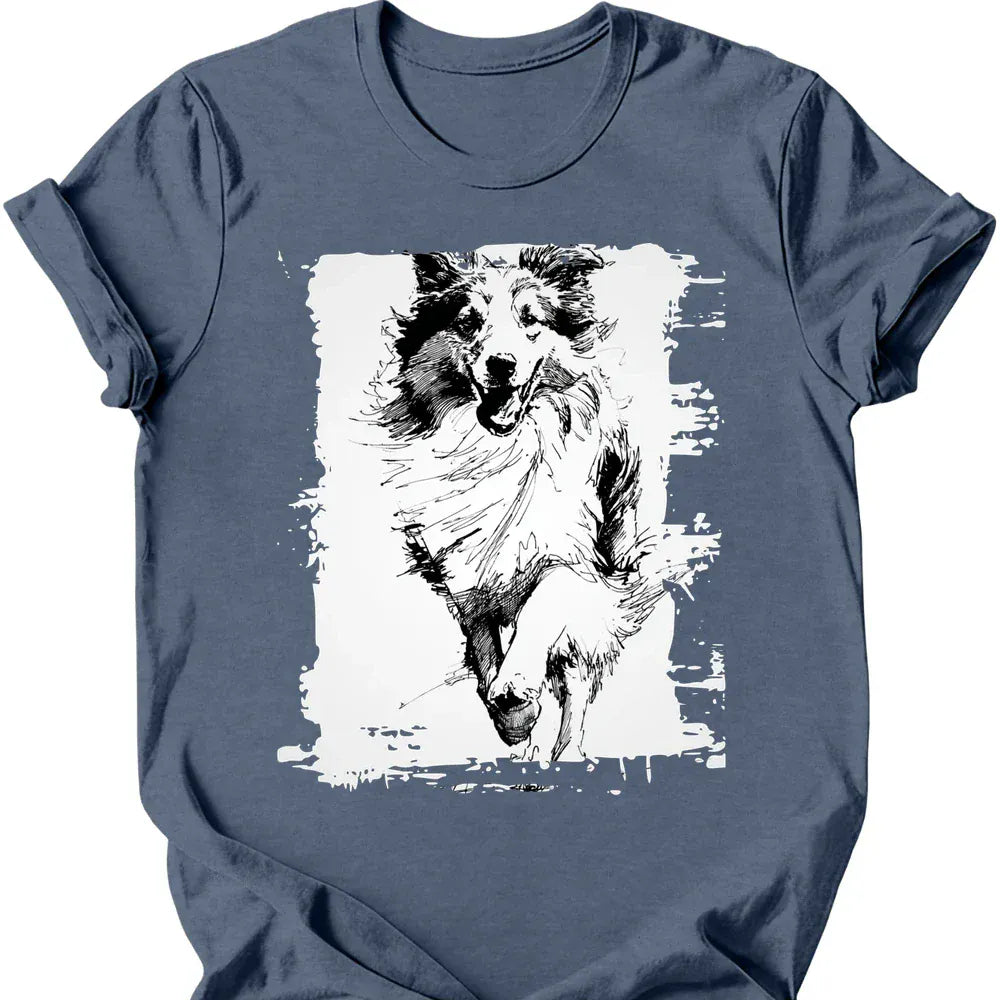 Shetland Sheepdog running dog tee heather indigo