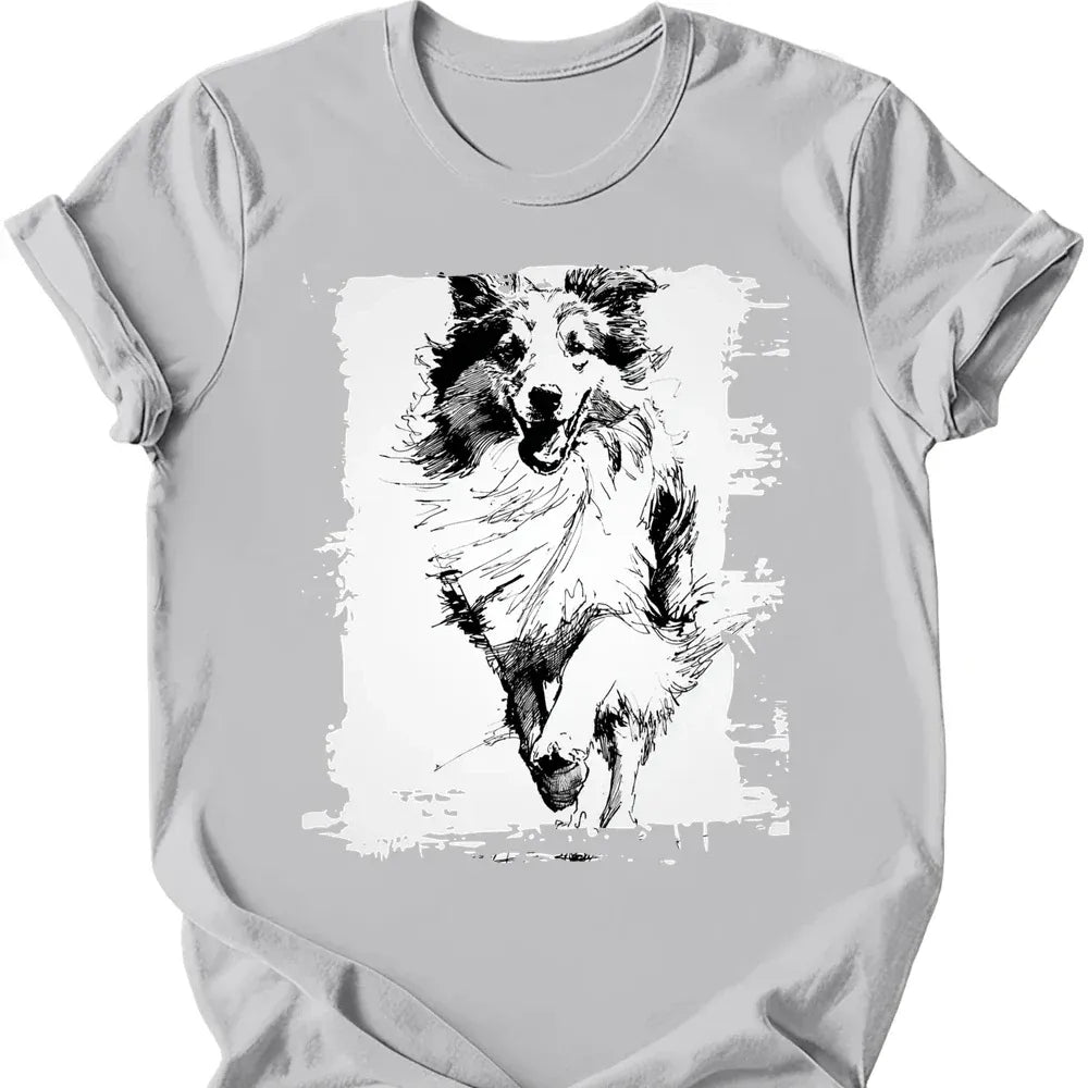 Shetland Sheepdog running dog tee ice grey