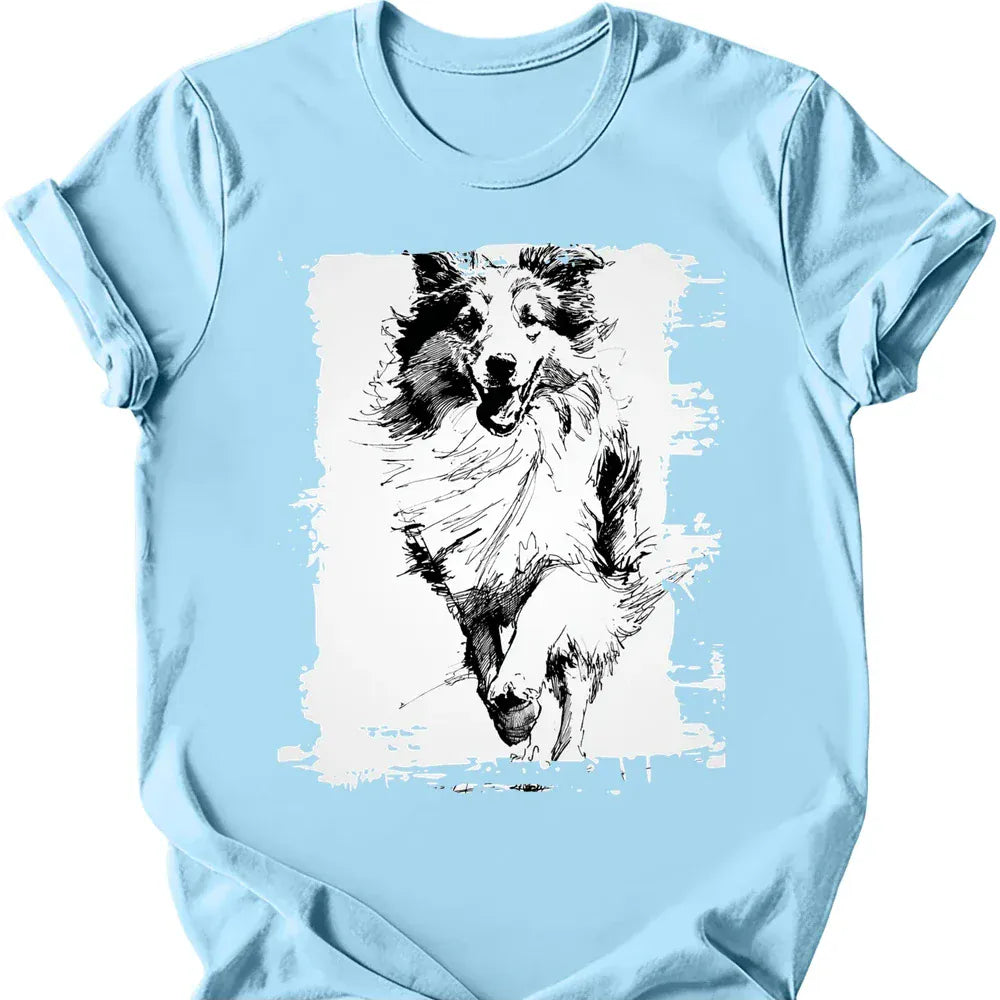 Shetland Sheepdog running dog tee light blue