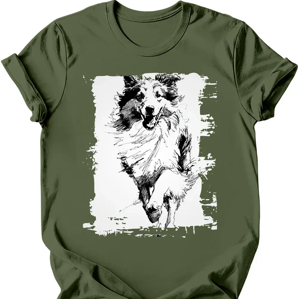 Shetland Sheepdog running dog tee military green