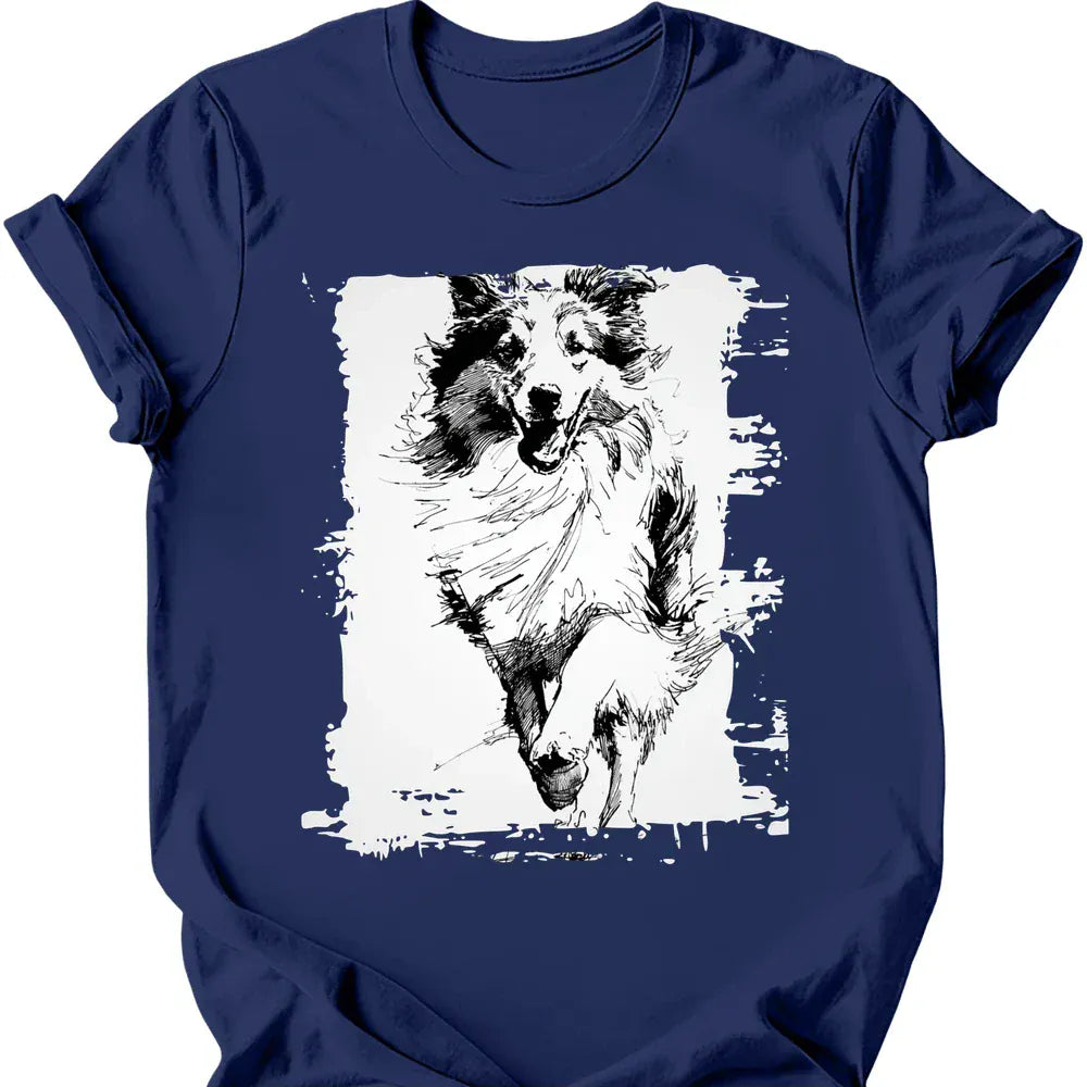 Shetland Sheepdog running dog tee navy