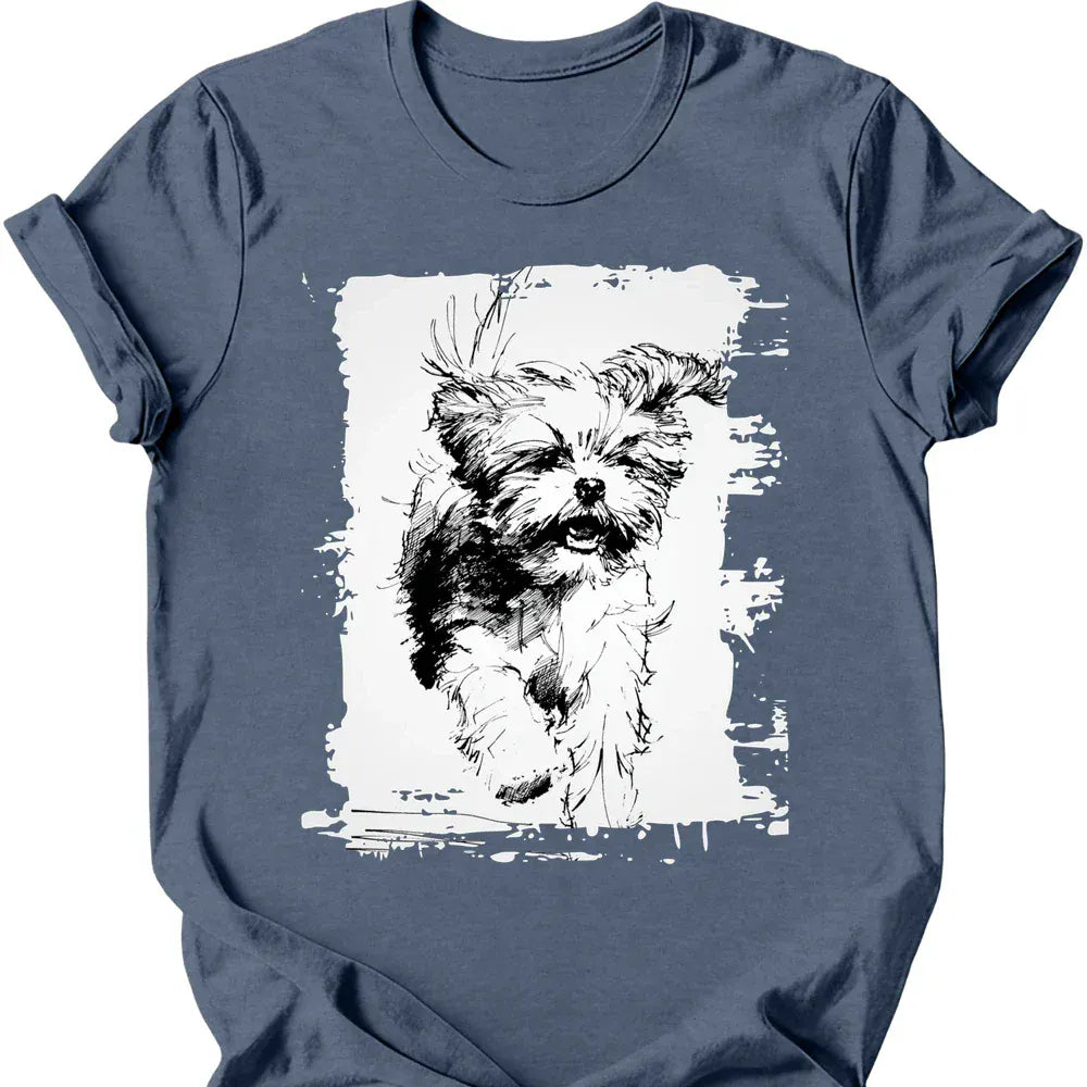 Shih Tzu running dog tee heather indigo