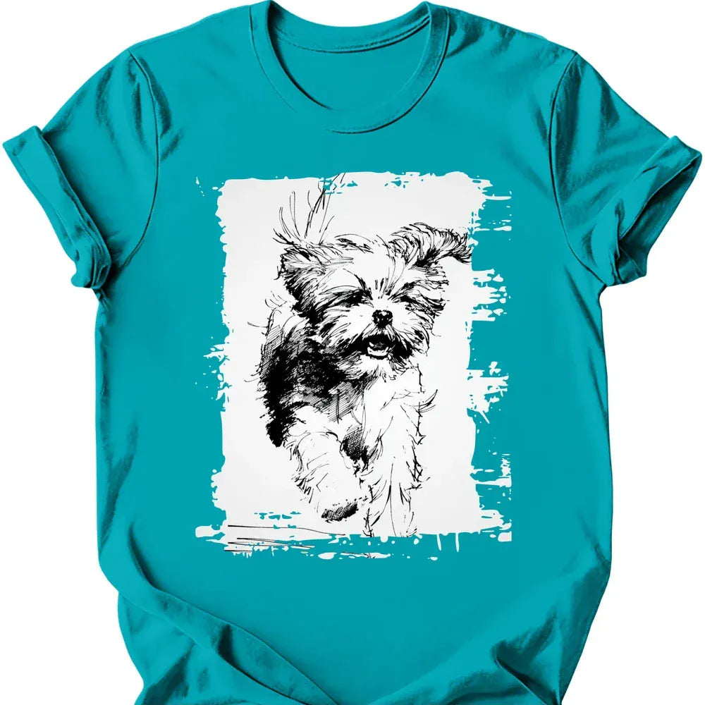 Shih Tzu running dog tee tropical blue
