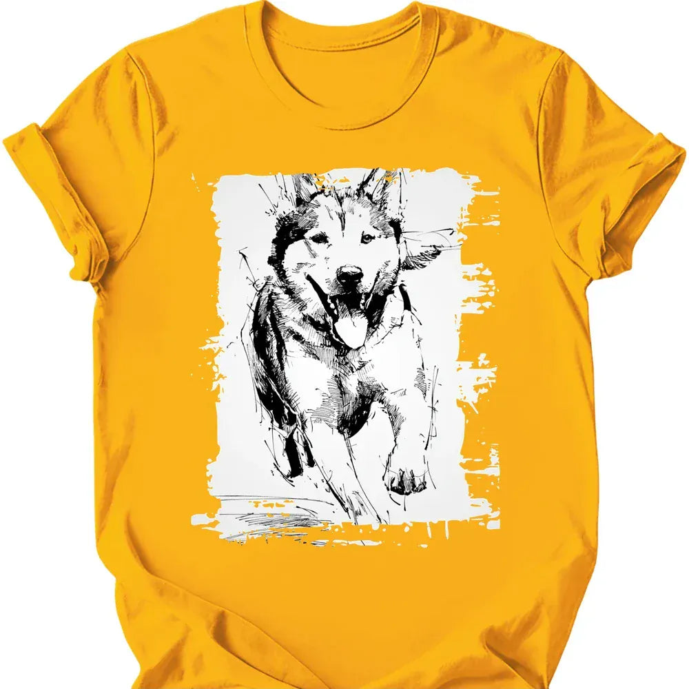 Siberian Husky running dog tee gold
