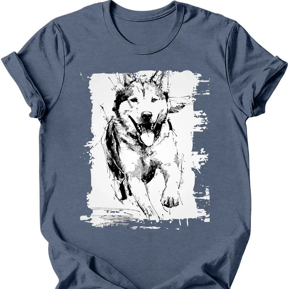 Siberian Husky running dog tee heather indigo