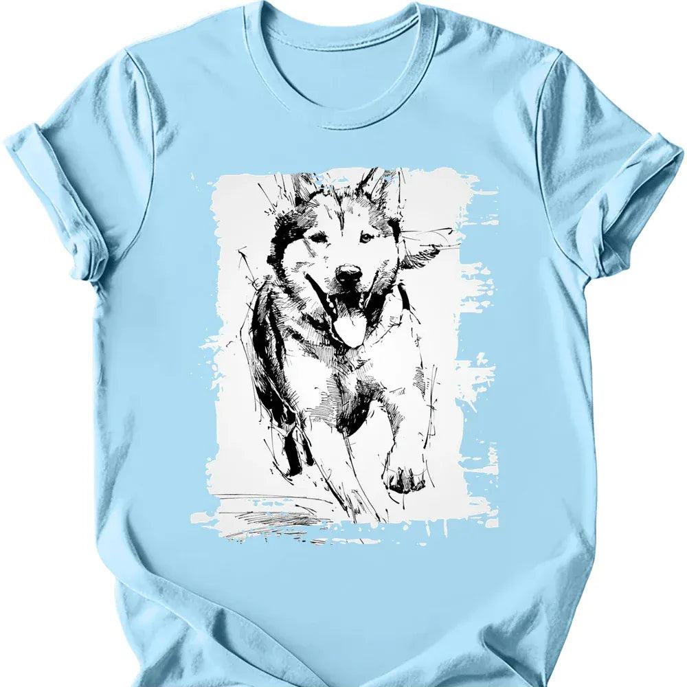 Siberian Husky running dog tee light blue