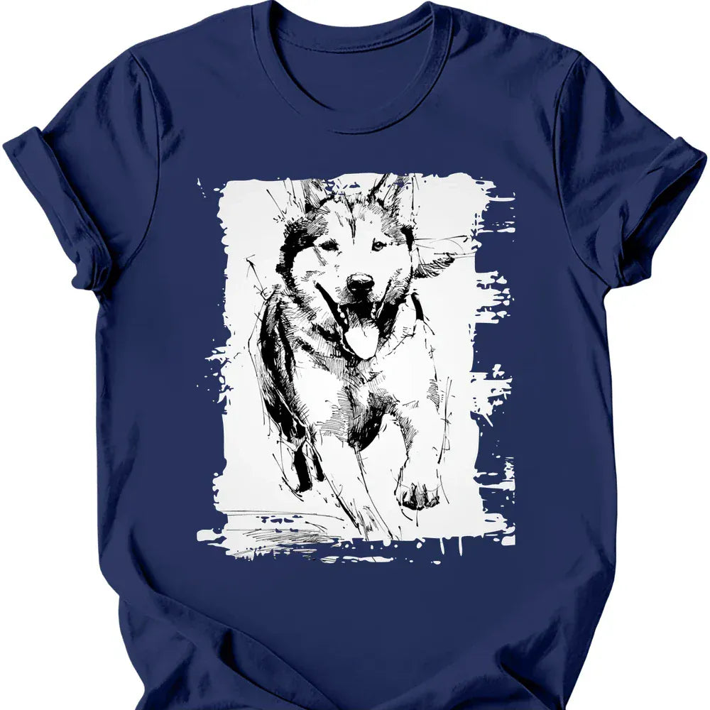Siberian Husky running dog tee navy
