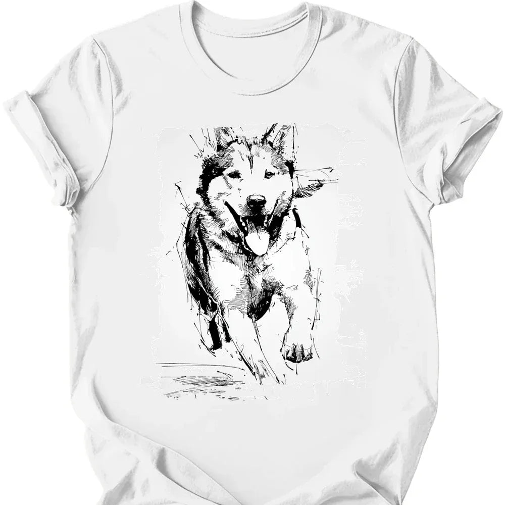 Siberian Husky running dog tee white