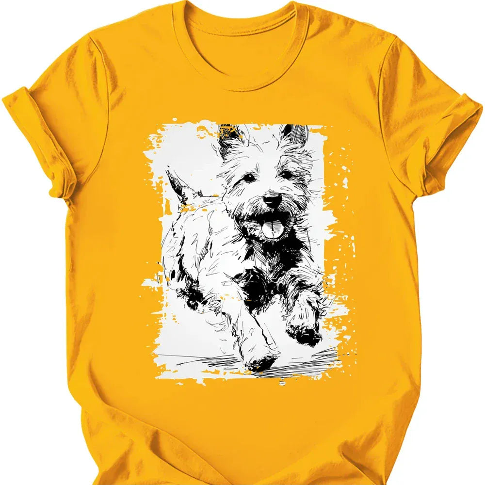West Highland White Terrier running dog tee gold