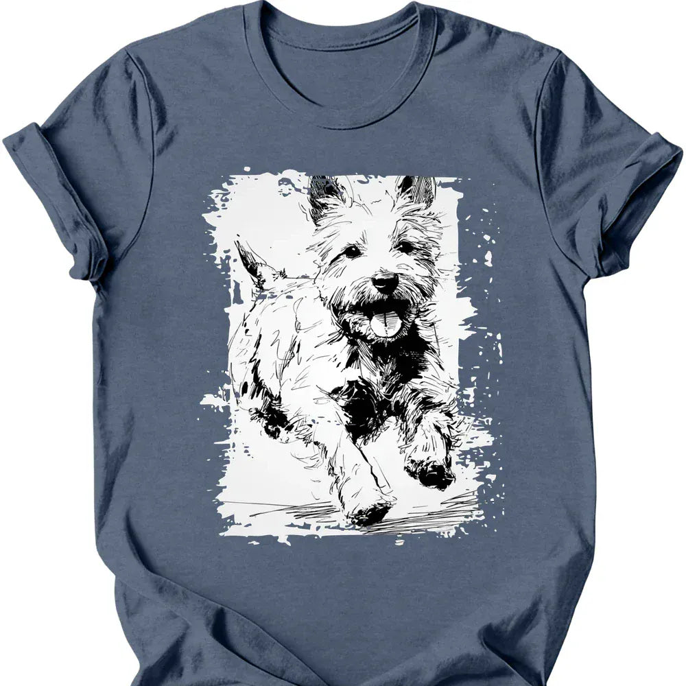 West Highland White Terrier running dog tee heather indigo