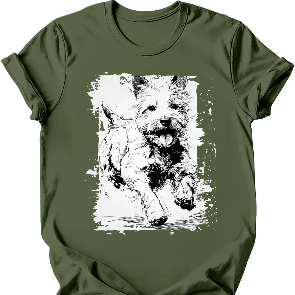 West Highland White Terrier running dog tee military green