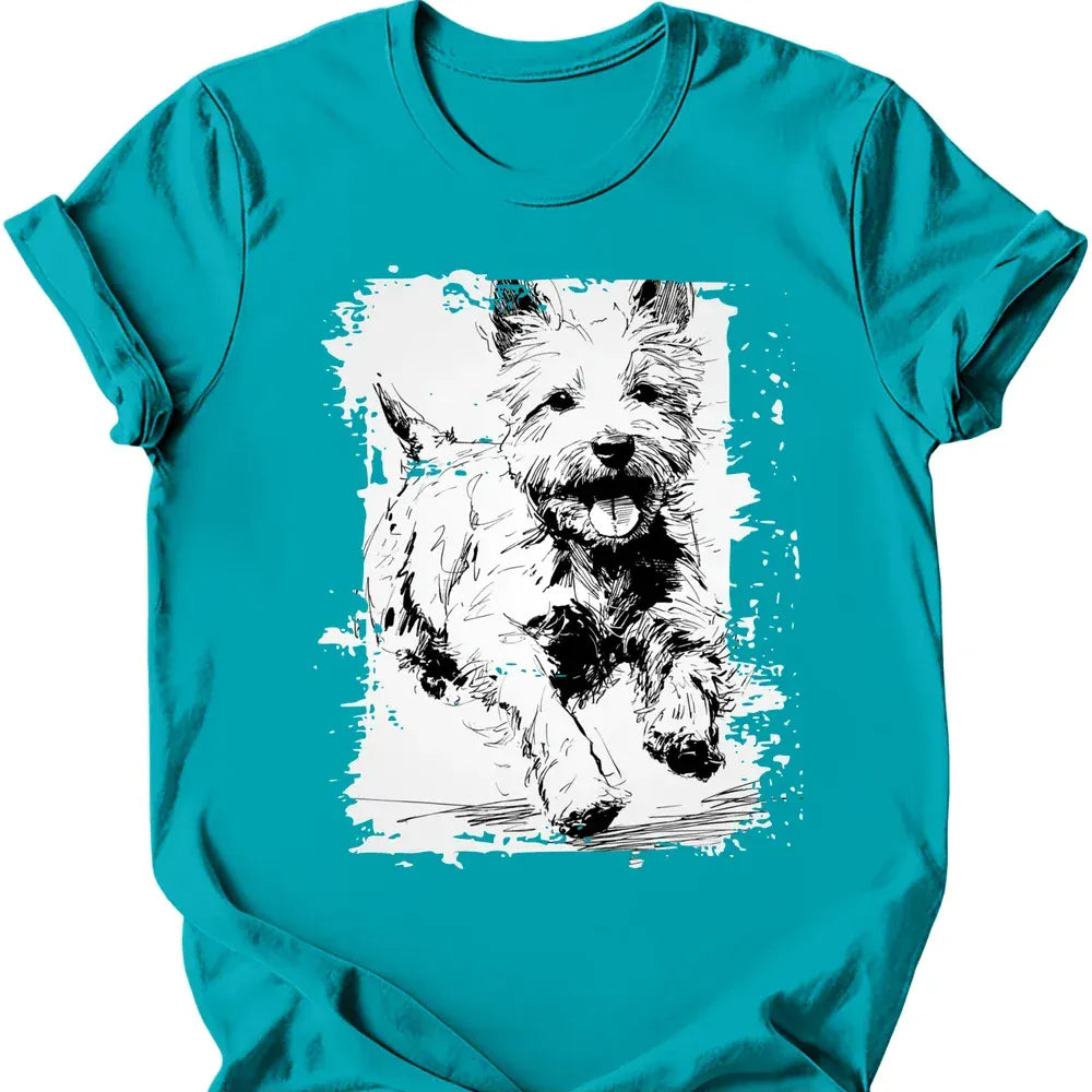 West Highland White Terrier running dog tee tropical blue